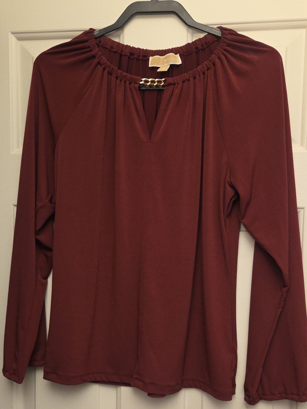 Michael Kors Burgundy Long Sleeve Top with Gold Chain Detail